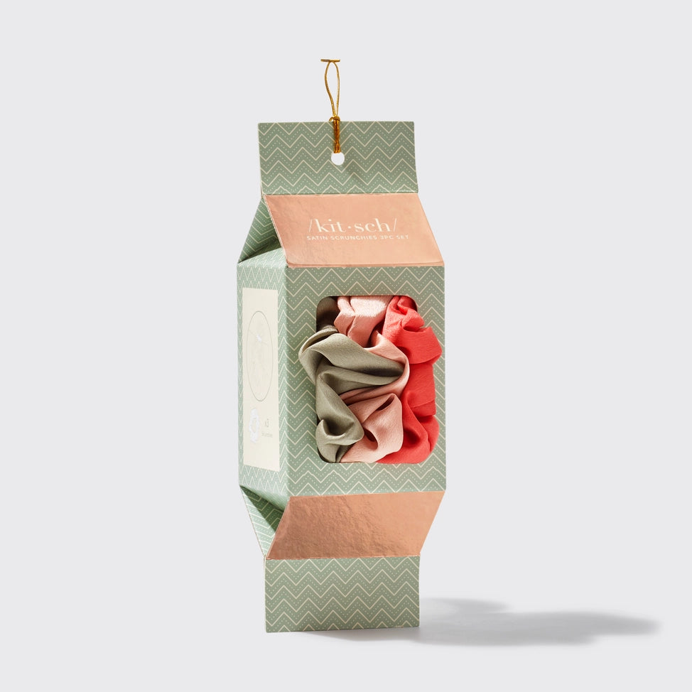 Kitsch - Holiday Ornament Satin Scrunchies 3pc Set- Pinksettia