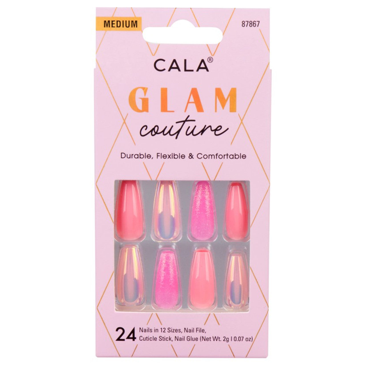 Cala - Glam Couture Coffin Pink Glitter Press On Nails