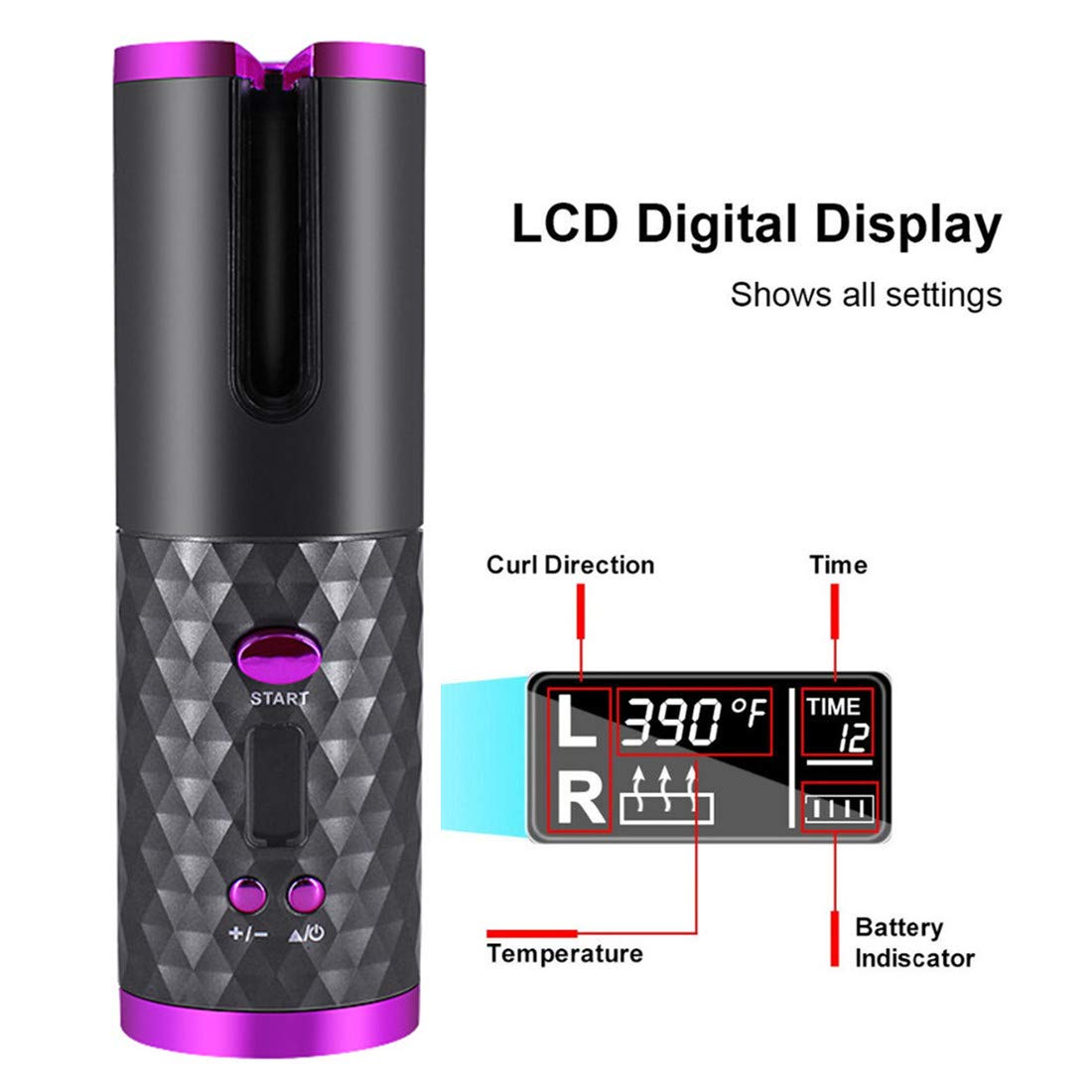 LCD Cordless Auto Rotating Ceramic Hair Curler Pink