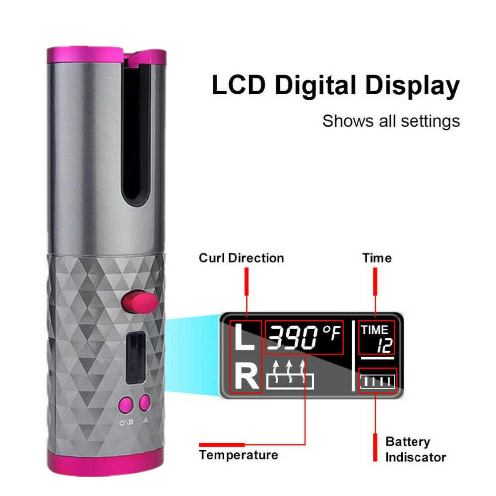 LCD Cordless Auto Rotating Ceramic Hair Curler Grey